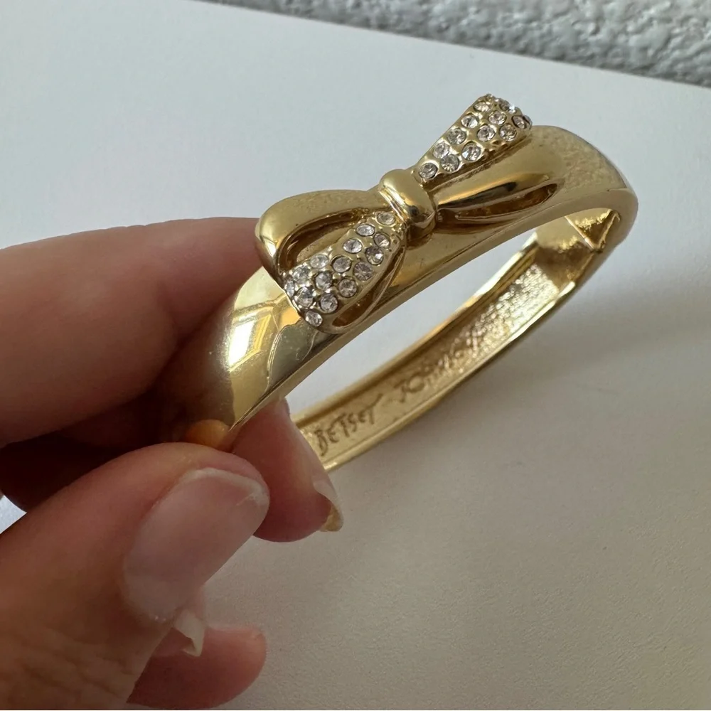 Betsey Johnson Gold Hinged Rhinestone Bow Bangle Bracelet